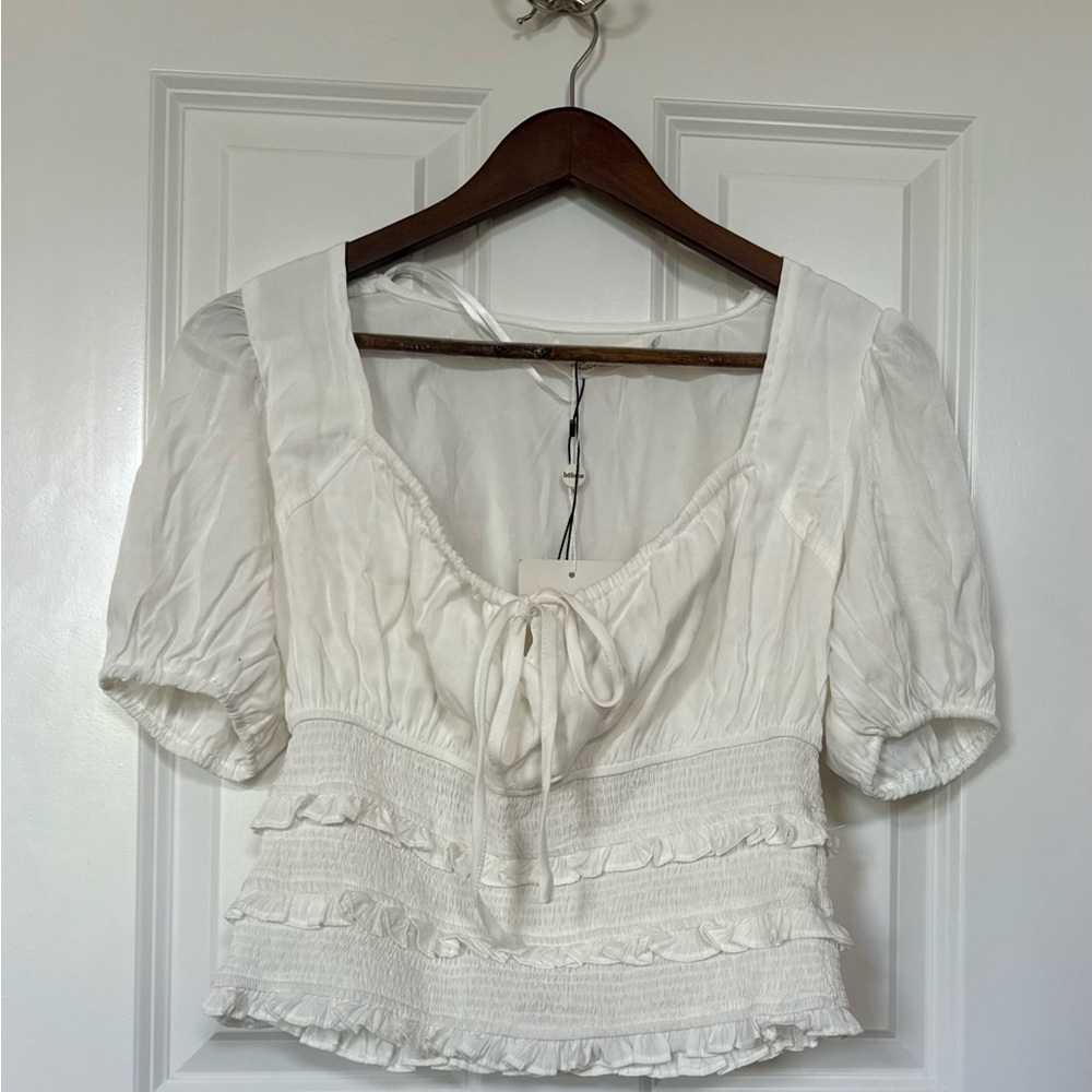 Bohme White Crop Blouse with Ruffled Tie Front